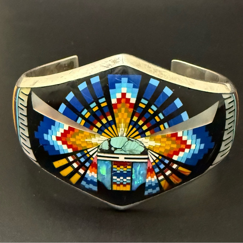 Vintage Native American Southwestern Sterling Multi Stone Inlay Cuff Bracelet